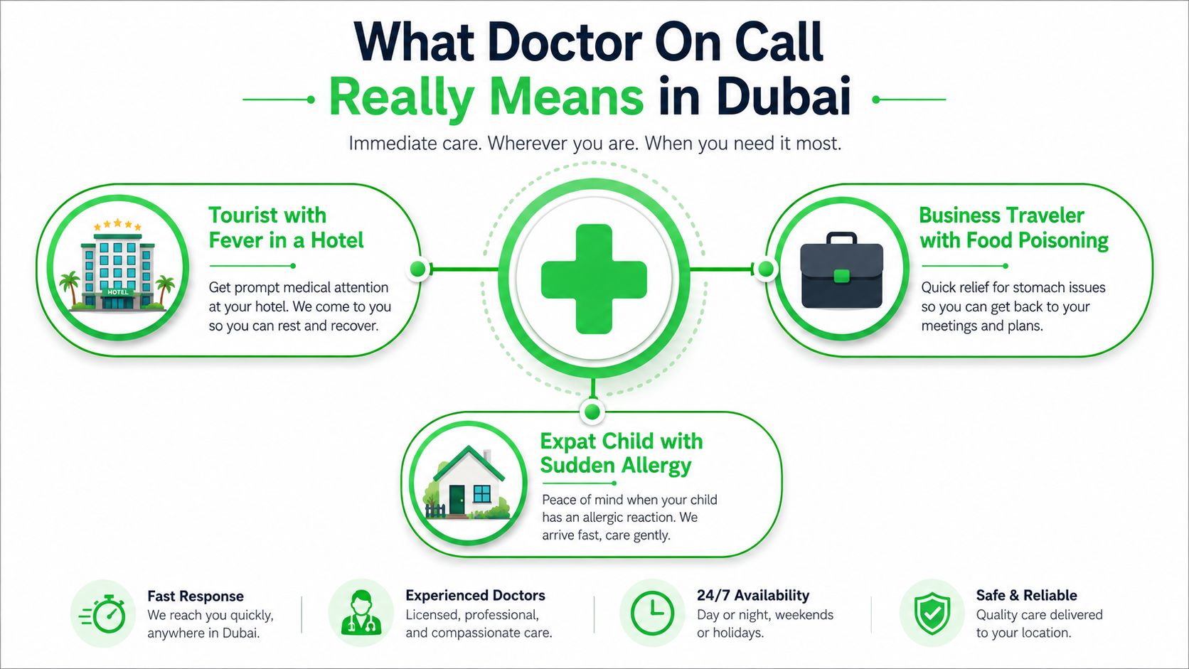 Doctor on Call Dubai: A Patient's Complete Guide 5 An infographic detailing 24/7 doctor on call services in Dubai for tourists, business travelers, and expatriate families.