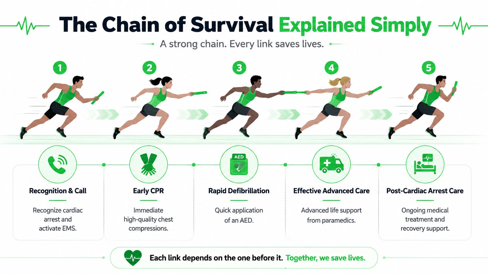 First Aid and AED: A Practical Guide for 2026 5 An infographic showing the five links in the cardiac arrest chain of survival using relay runners.
