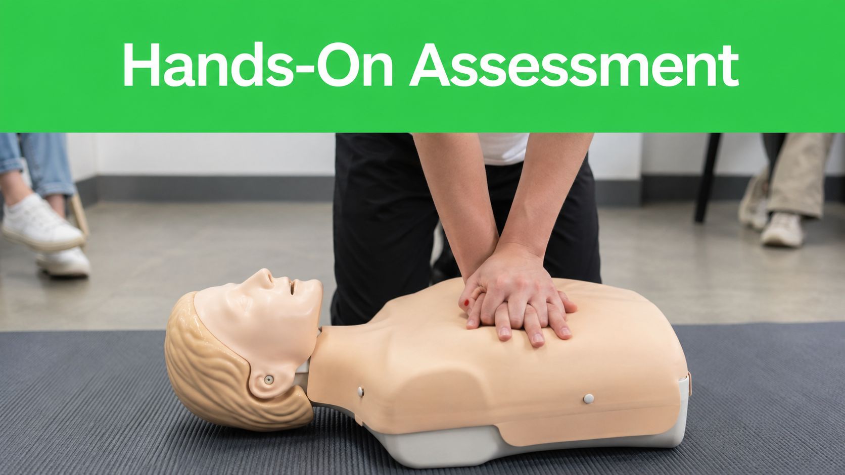 First Aid Course Dubai: What to Expect and How to Choose 6 A person practicing cardiopulmonary resuscitation techniques on a medical training mannequin during a hands-on first aid course.