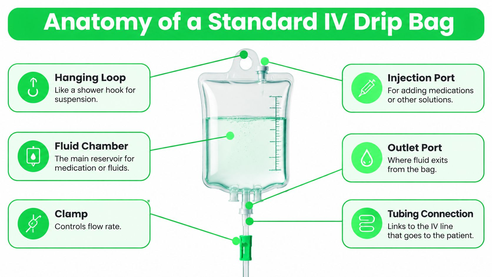 IV Drip Bag Guide: Anatomy, Types, and Safe Home Use 6 An infographic diagram illustrating the anatomy of a standard medical intravenous IV drip bag and components.