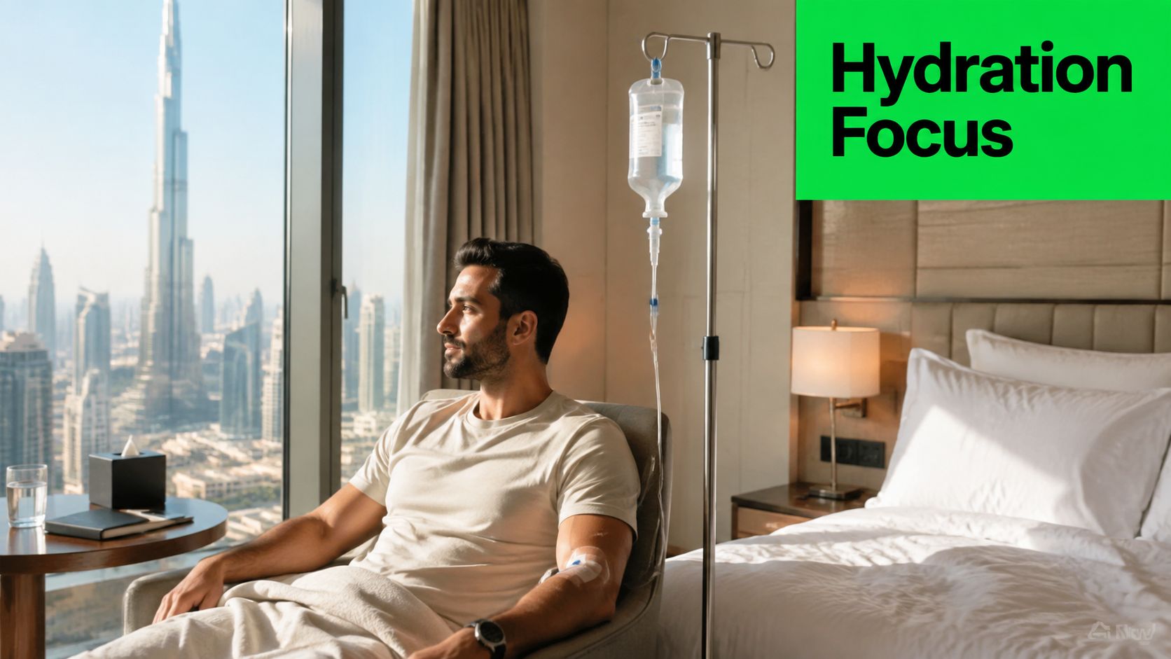 IV Drip Bag Guide: Anatomy, Types, and Safe Home Use 5 A man sits in a hotel room looking out at a city skyline while receiving IV therapy.