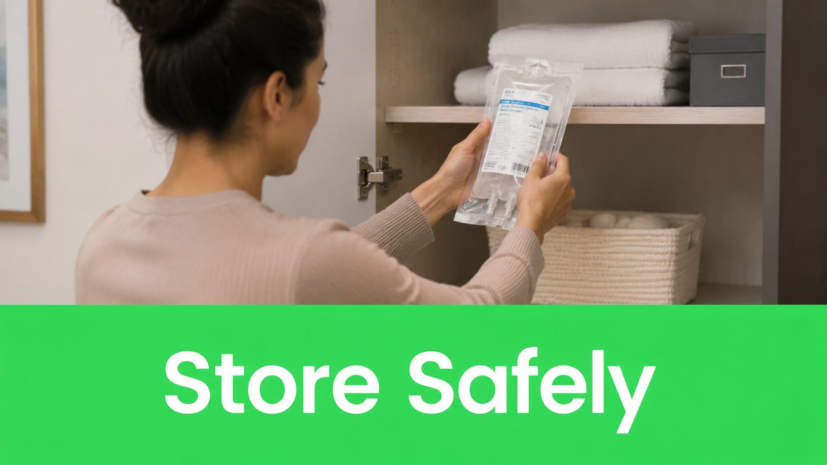 IV Drip Bag Guide: Anatomy, Types, and Safe Home Use 8 A person organizing an IV drip bag in a clean storage cabinet at home.