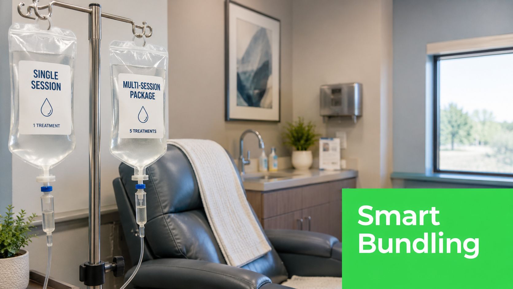 IV Drip Cost in Dubai Explained with Real Prices 6 An IV drip stand with single and multi-session treatment bags in a comfortable clinical infusion room setting.