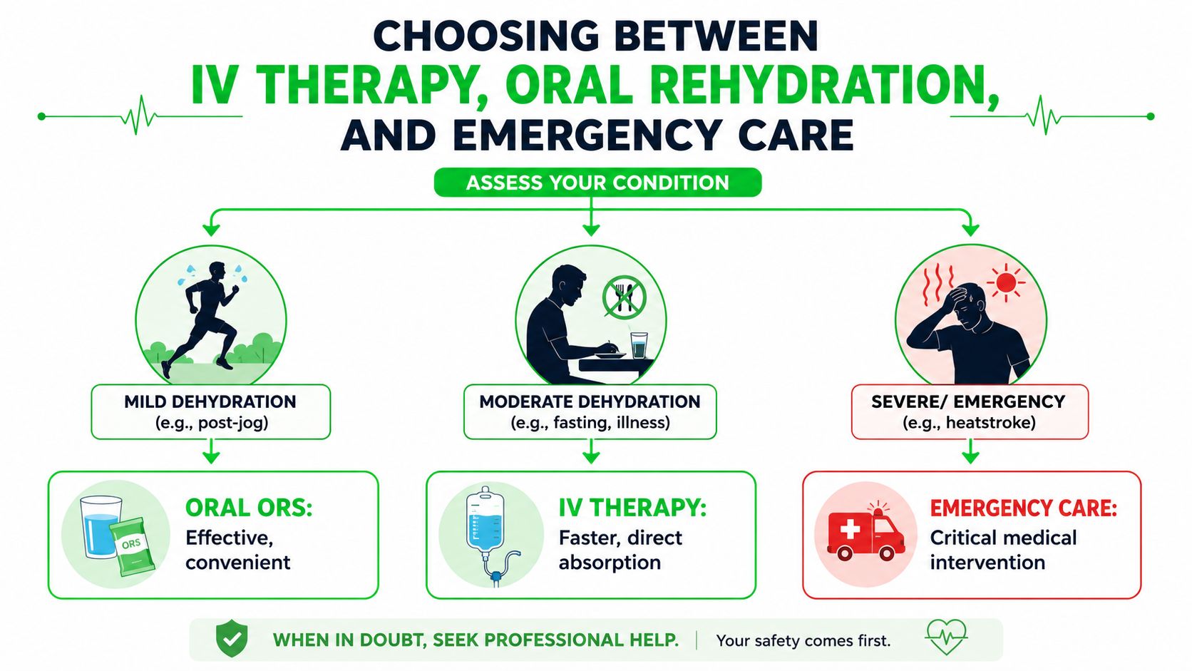 IV Drip Electrolytes: A Practical Guide to Home Use 7 An infographic showing when to choose oral rehydration, IV therapy, or emergency care based on dehydration severity.