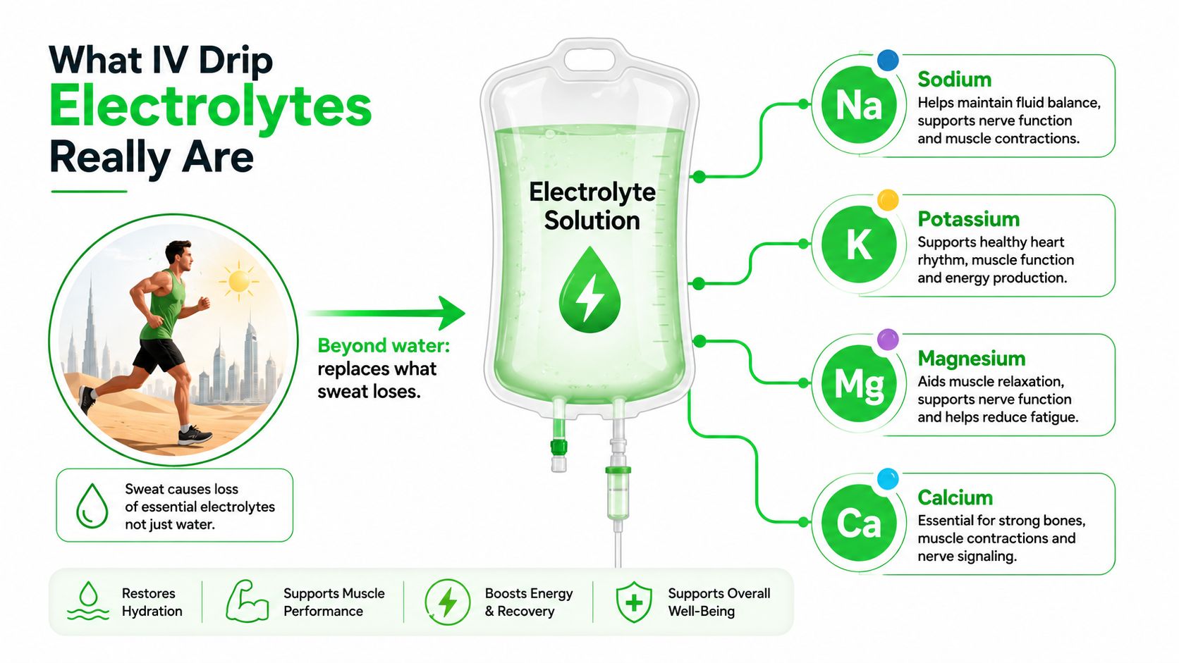 IV Drip Electrolytes: A Practical Guide to Home Use 5 An infographic explaining how IV drip electrolytes replace essential minerals lost through sweat during physical exercise.