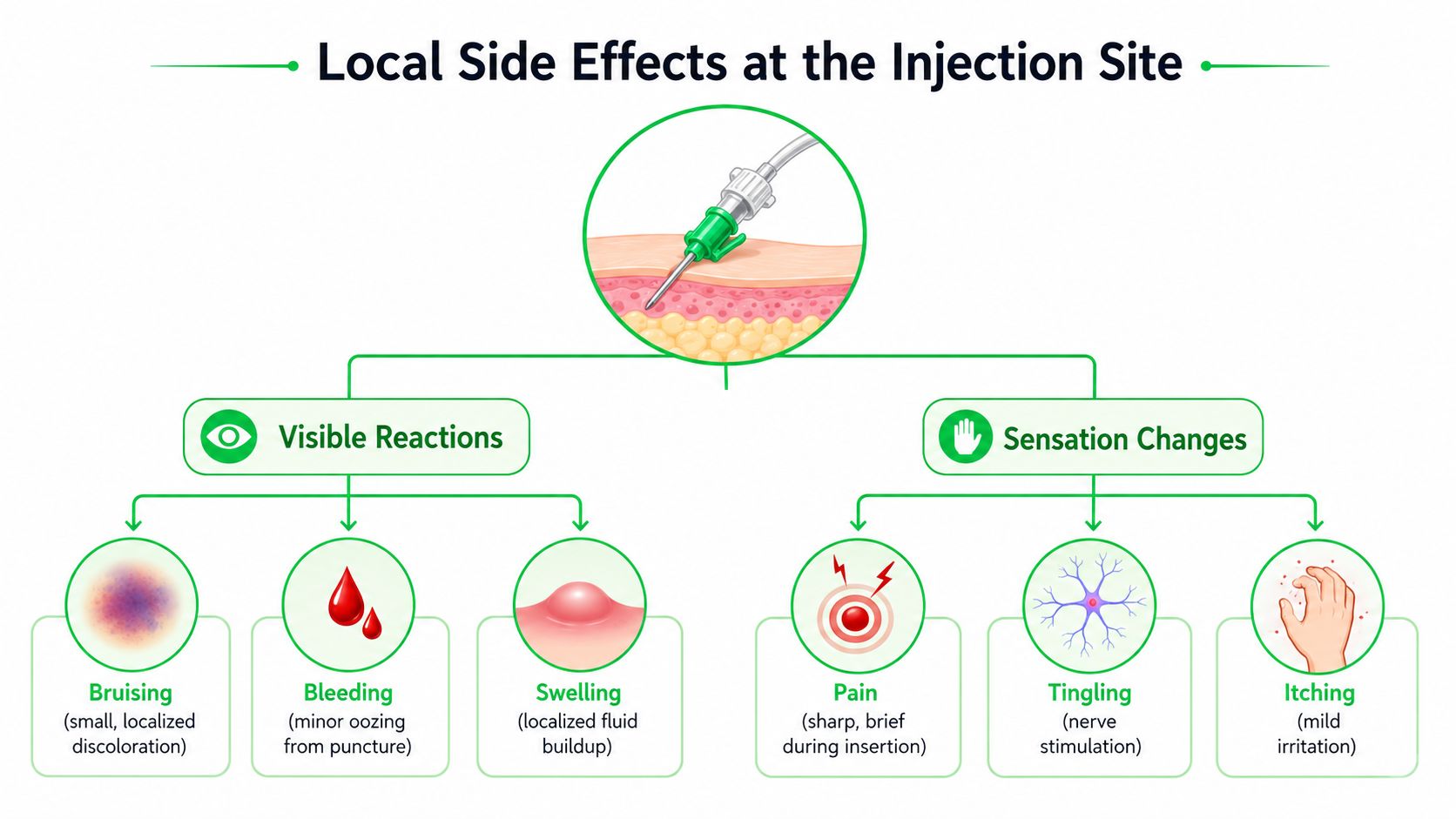 IV Drip Side Effects: What to Expect and When to Worry 5 A diagram illustrating common local side effects at an injection site, categorized into visible reactions and sensation changes.