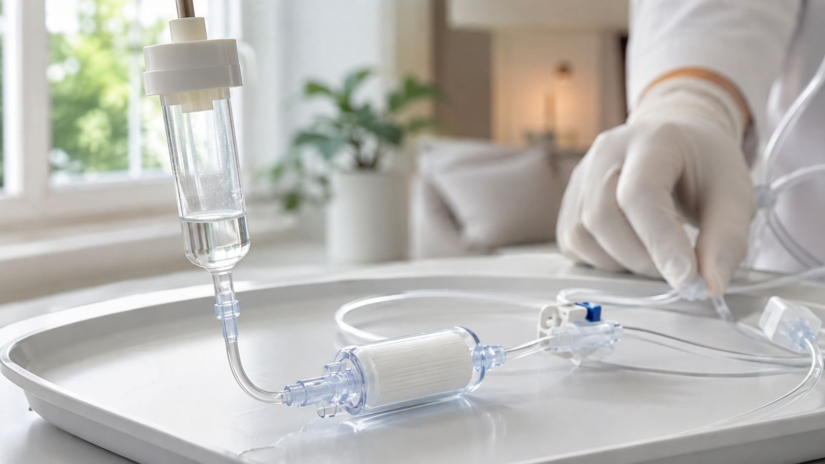 IV Home Service in Dubai: Your Complete Guide 2026 7 A medical professional in gloves preparing an intravenous drip set on a tray for home care.