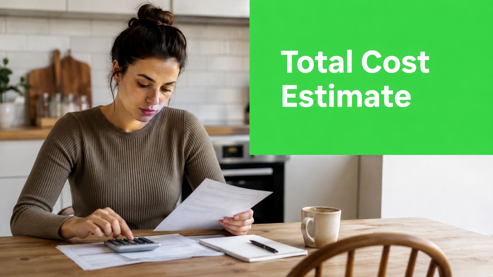 Physiotherapy at Home Cost in Dubai Explained 7 A focused woman sitting at a kitchen table calculating expenses while reviewing financial documents for budgeting.