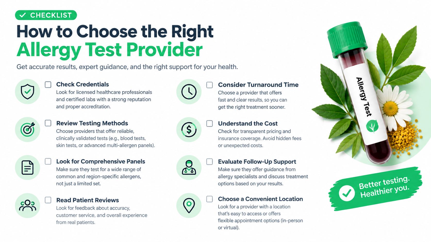 A checklist infographic guiding patients on how to choose a professional and reliable allergy testing provider.