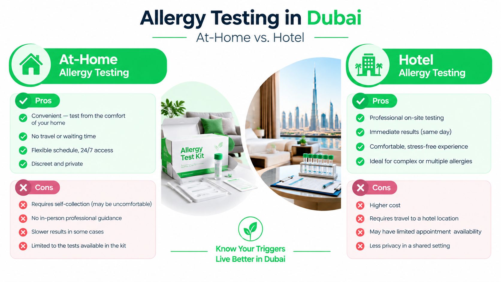 A comparison infographic between at-home allergy testing and professional hotel-based allergy testing in Dubai.