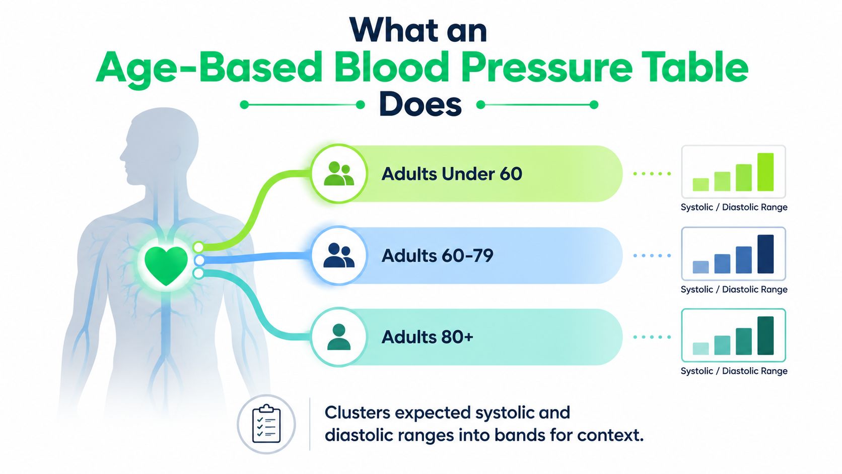 جدول ضغط الدم حسب العمر: Ranges, Charts, and Safe Targets 5 An infographic showing how an age-based blood pressure table categorizes systolic and diastolic ranges for adults.