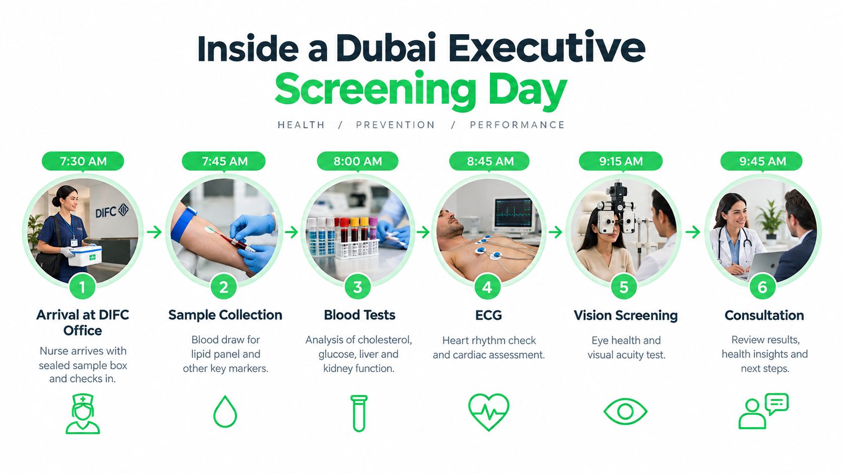 A timeline graphic illustrating the six-step process of a Dubai executive health screening from arrival to consultation.