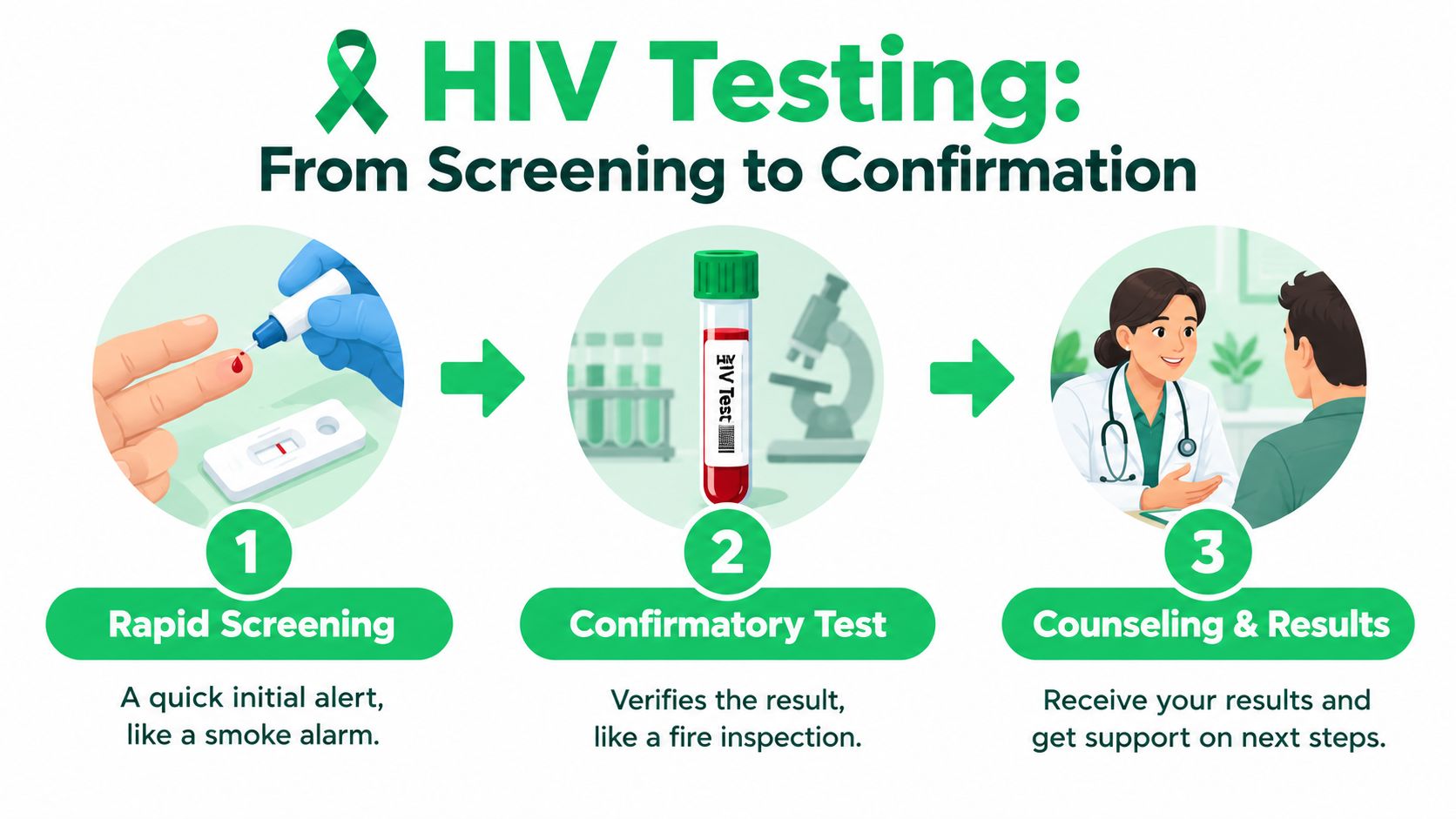 HIV in Dubai Testing Treatment and Living Well Guide 6 An infographic illustrating the three-step HIV testing process: rapid screening, a confirmatory laboratory test, and counseling.