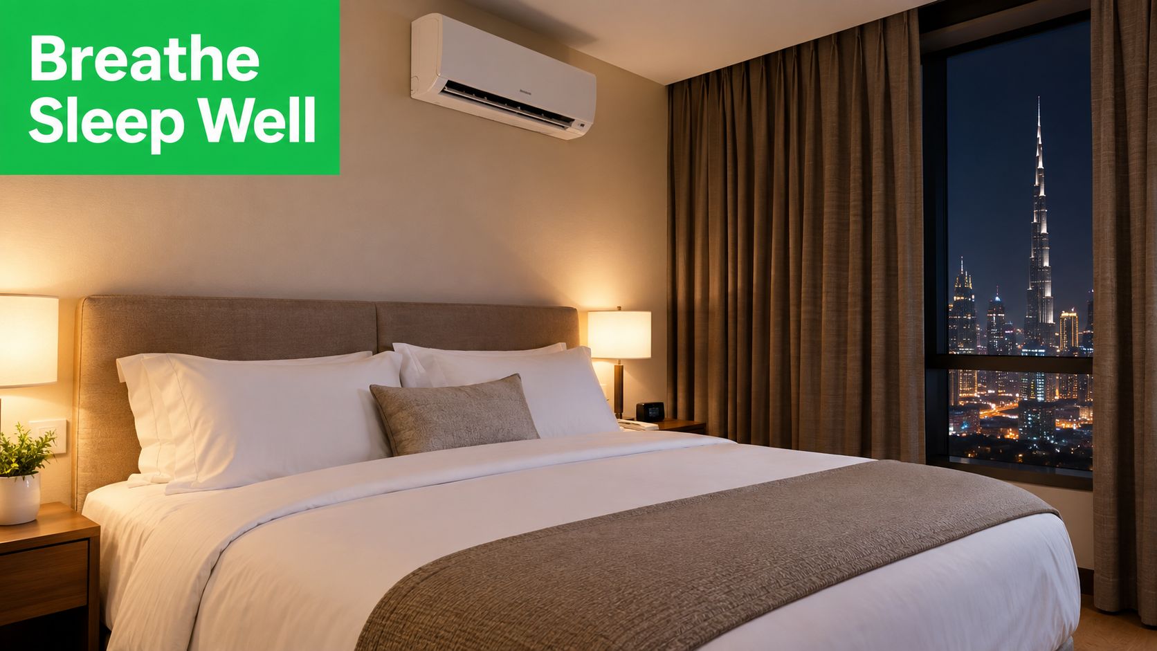 Hotel Room in Dubai: What to Expect and How to Get Care 5 A modern hotel bedroom at night featuring a comfortable king-size bed with a view of the Burj Khalifa.
