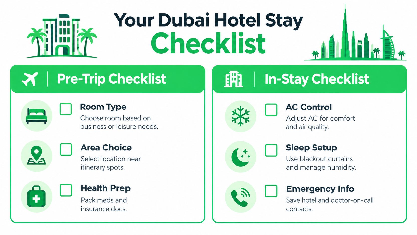 Hotel Room in Dubai: What to Expect and How to Get Care 8 An infographic titled Your Dubai Hotel Stay Checklist featuring Pre-Trip and In-Stay tips for travelers.