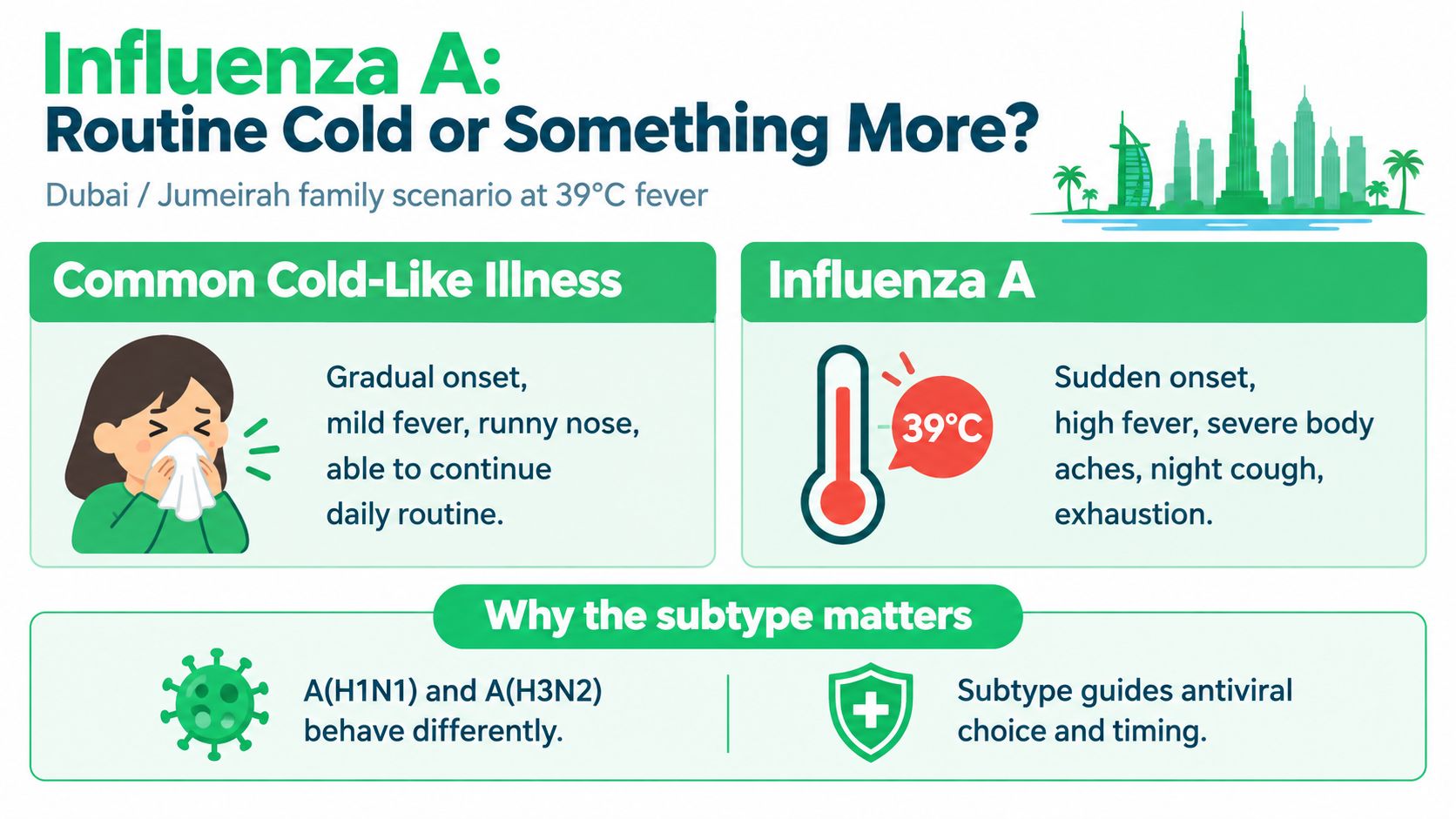 علاج انفلونزا a: A Practical Home Care and Treatment Guide 5 A comparison chart explaining the symptoms of a common cold versus Influenza A virus infection.
