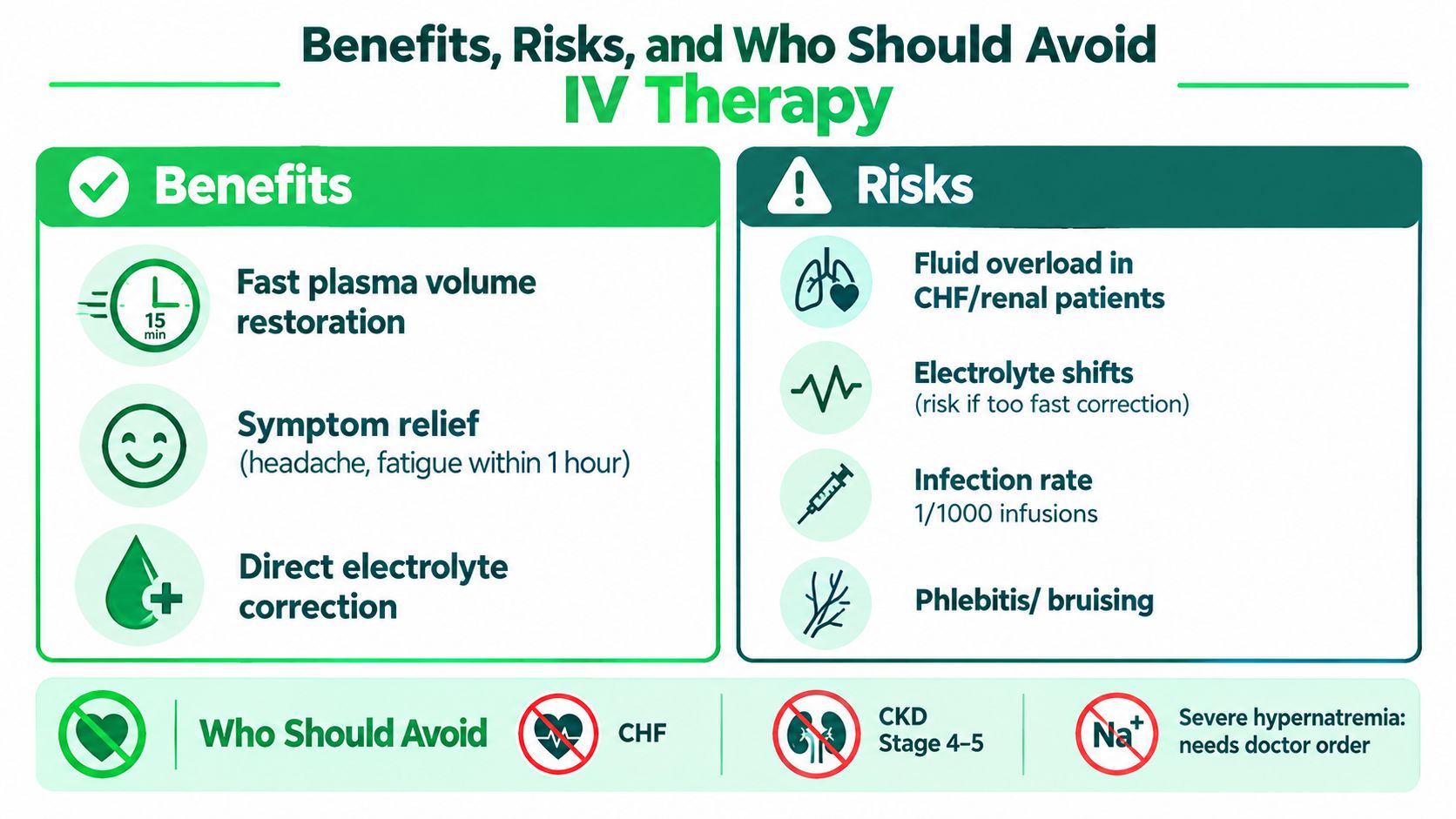 IV Therapy for Dehydration Guide to Benefits Risks and Care 6 An infographic titled Benefits, Risks, and Who Should Avoid IV Therapy, detailing medical advantages and precautions.
