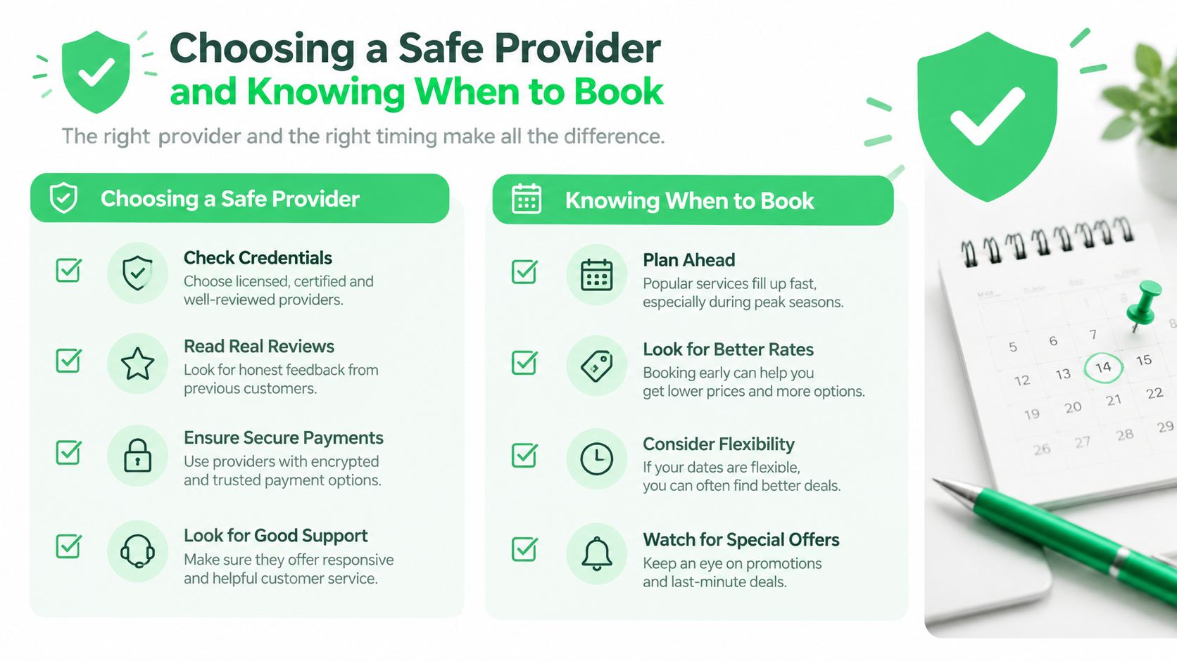 An infographic titled Choosing a Safe Provider and Knowing When to Book with tips on booking services.