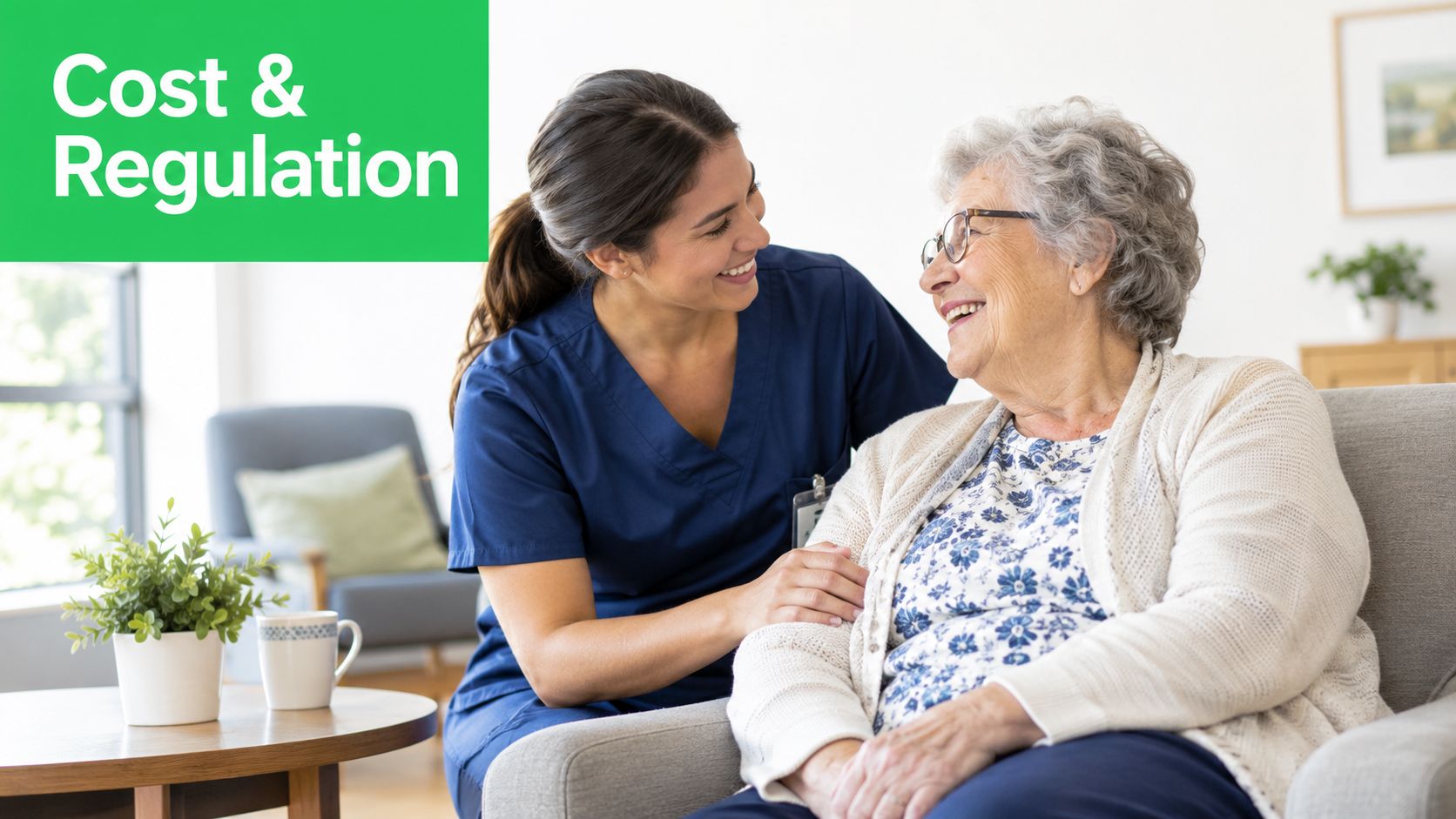 Nursing Home Services in Dubai Guide to Care Options 8 A smiling young nurse provides compassionate care to an elderly woman sitting comfortably in her home.