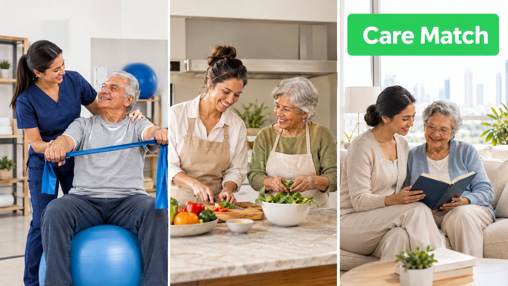 A collage showing a caregiver assisting seniors with physical therapy, cooking in a kitchen, and reading together.