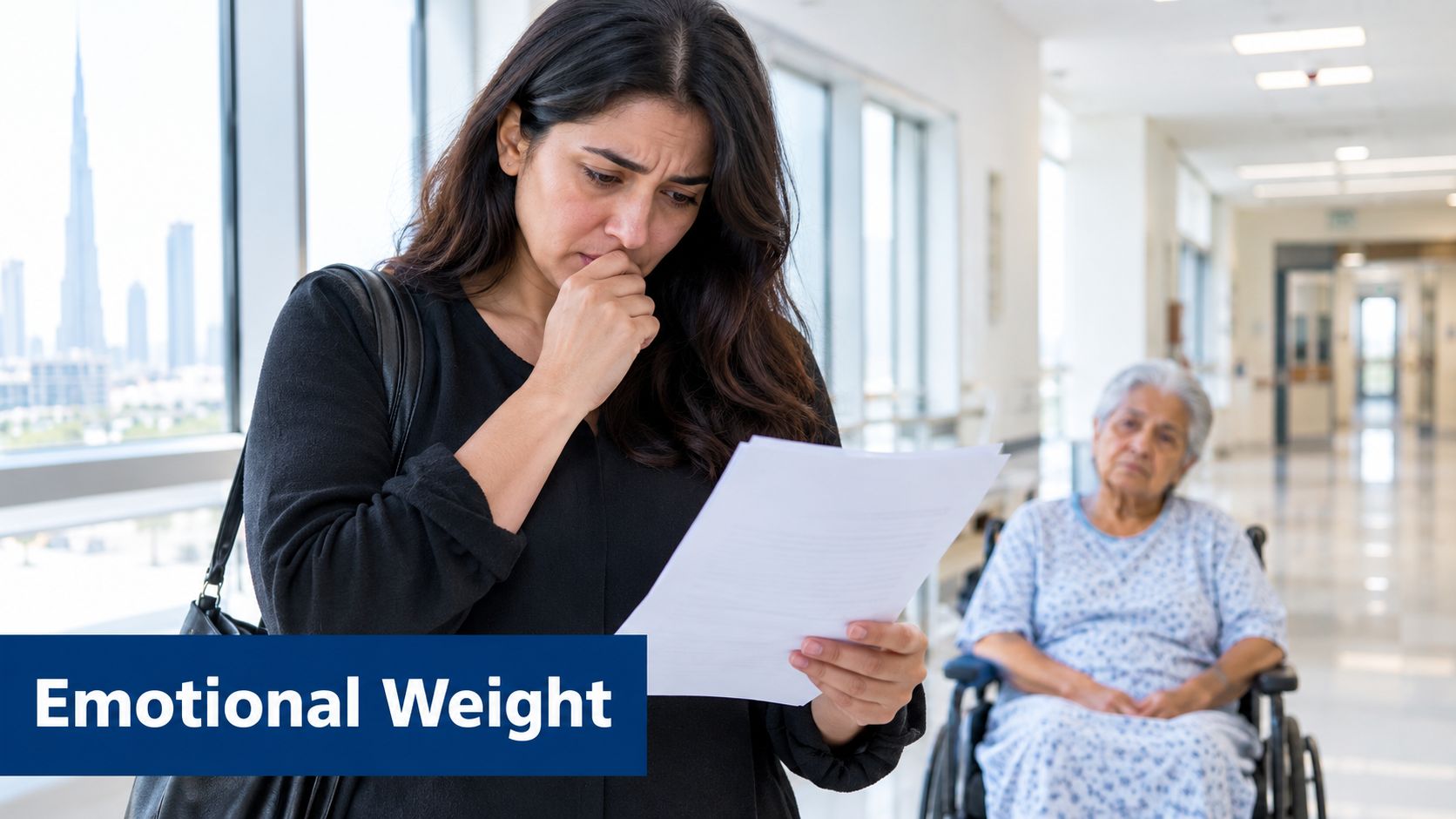 A concerned woman reads medical documents while an elderly woman sits in a wheelchair behind her.