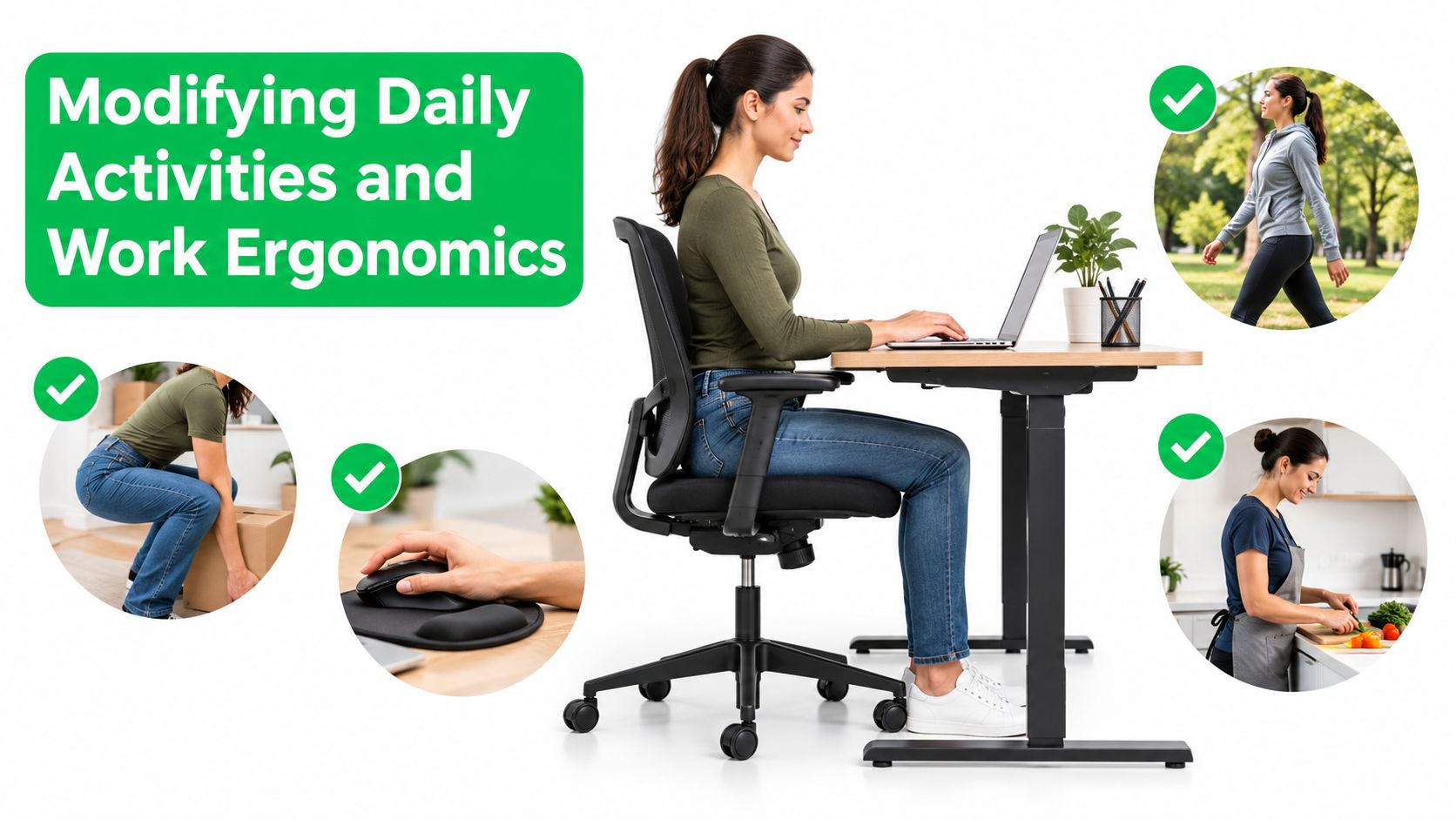 A composite image showing a woman practicing ergonomic daily activities like working, walking, lifting, and cooking.