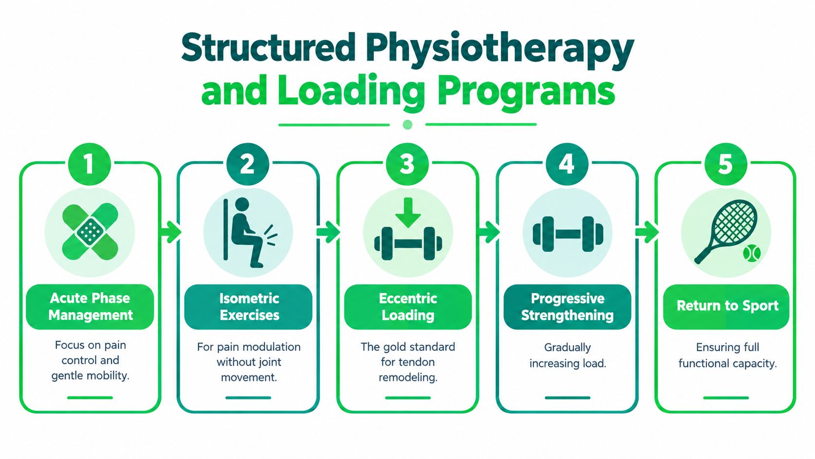 A five-step infographic showing the structured physiotherapy and loading program phases for effective injury recovery.