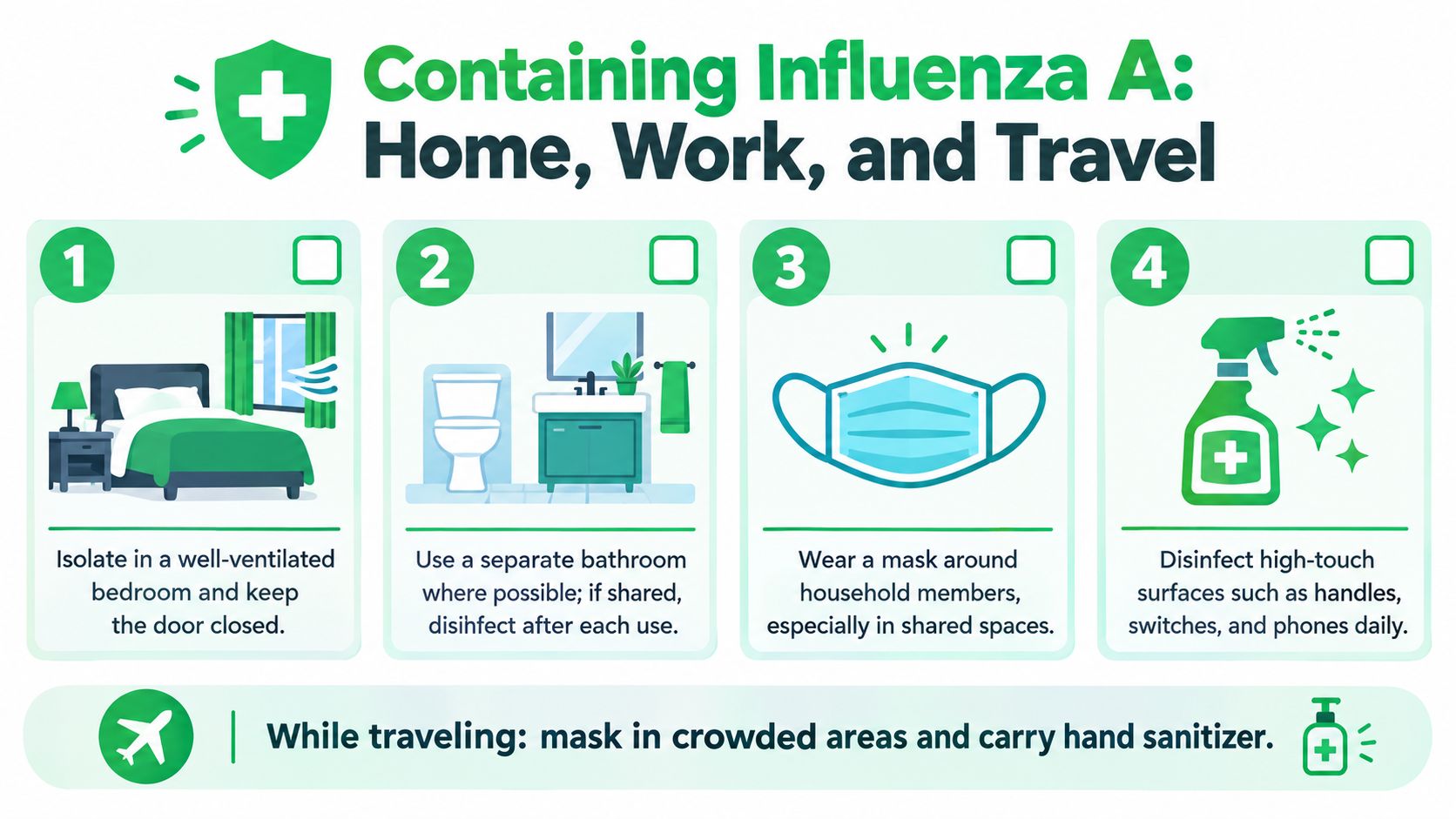 علاج انفلونزا a: A Practical Home Care and Treatment Guide 8 An infographic detailing four safety measures for containing Influenza A at home, work, and during travel.