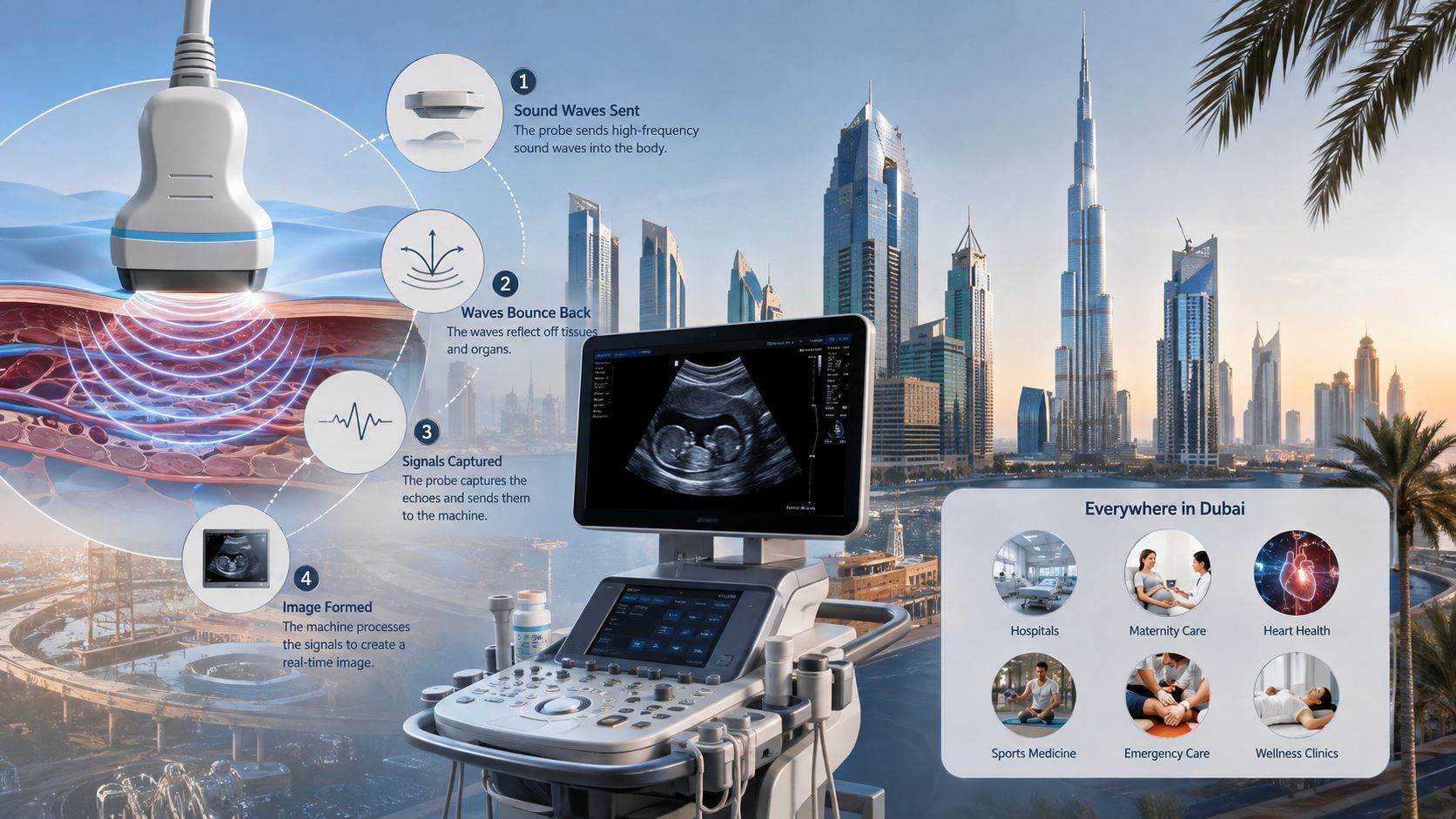 A medical ultrasound machine displaying a fetal scan with the Dubai skyline in the background.