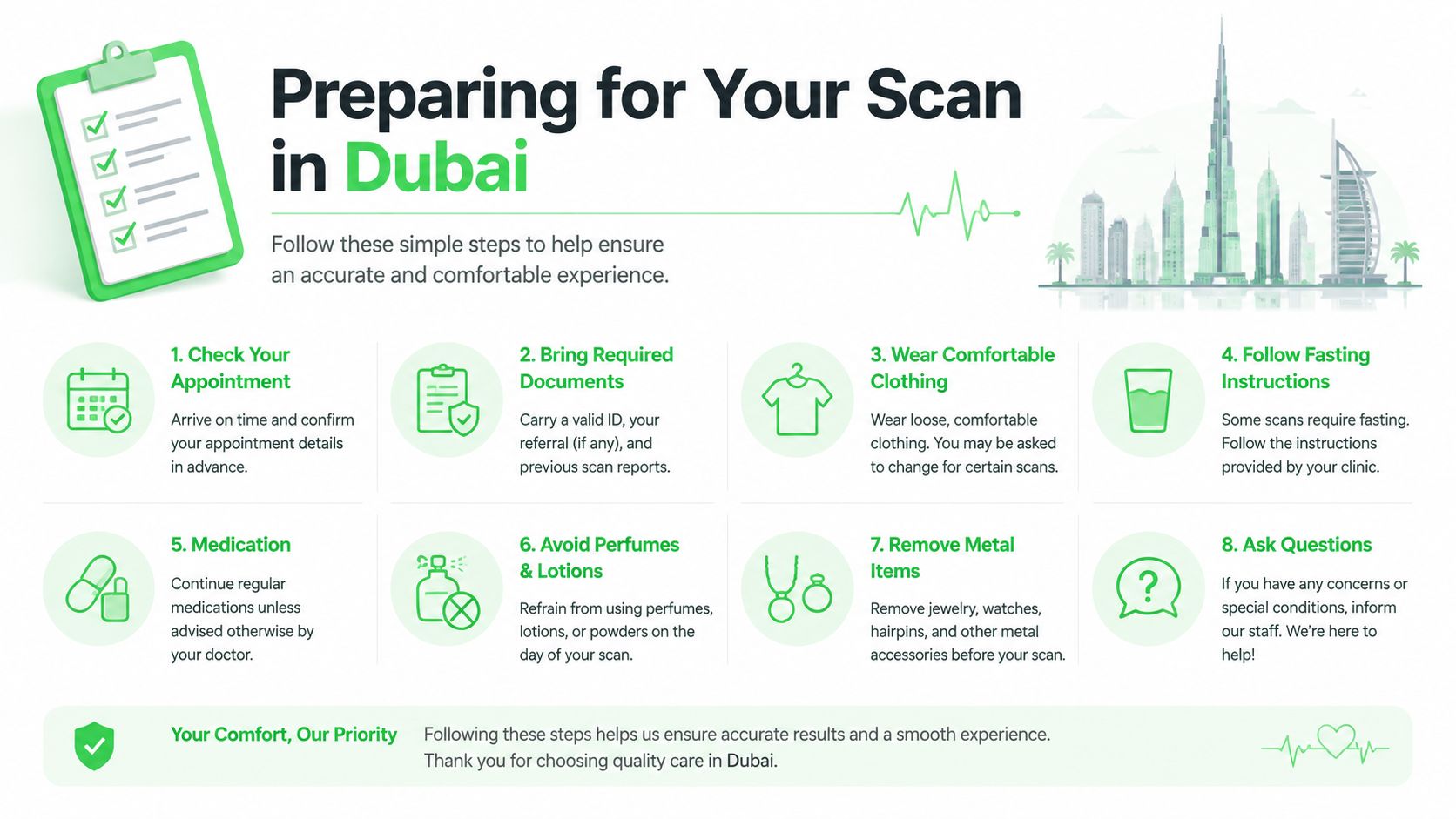 An infographic detailing eight essential preparation steps for patients having a medical scan in Dubai.