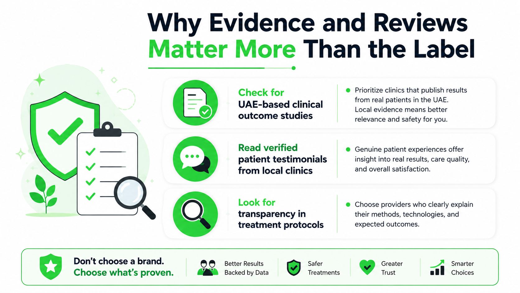 An infographic titled Why Evidence and Reviews Matter More Than the Label explaining medical decision criteria.