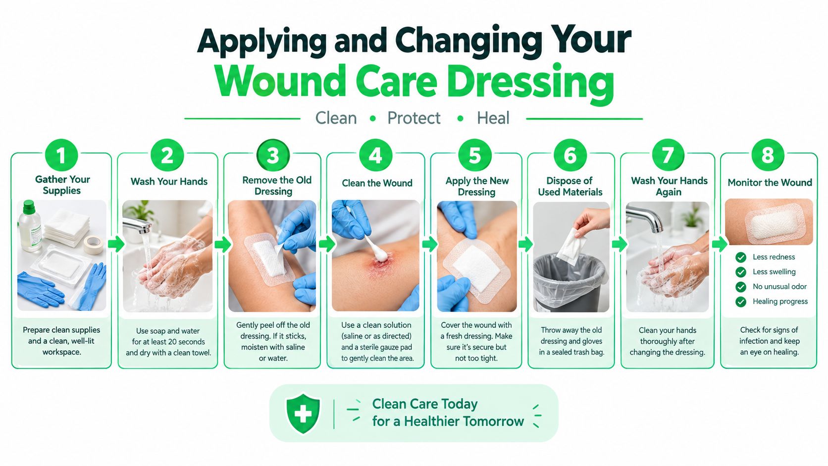 An eight-step infographic illustrating the proper procedure for applying and changing a wound care dressing safely.
