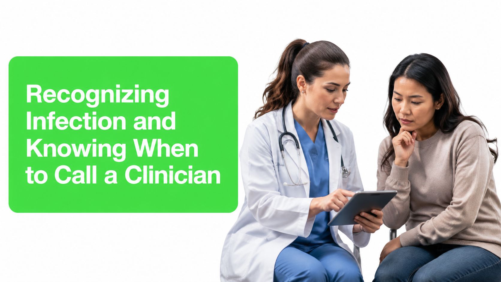 A female doctor in a white coat shows a digital tablet to a patient in an office.