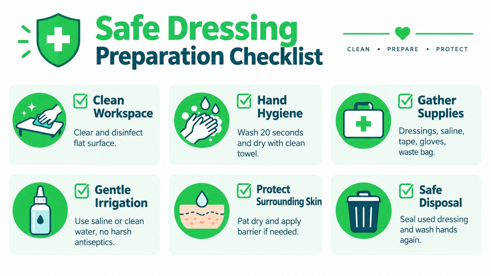 An infographic checklist outlining six essential steps for safely preparing and changing a medical wound dressing.