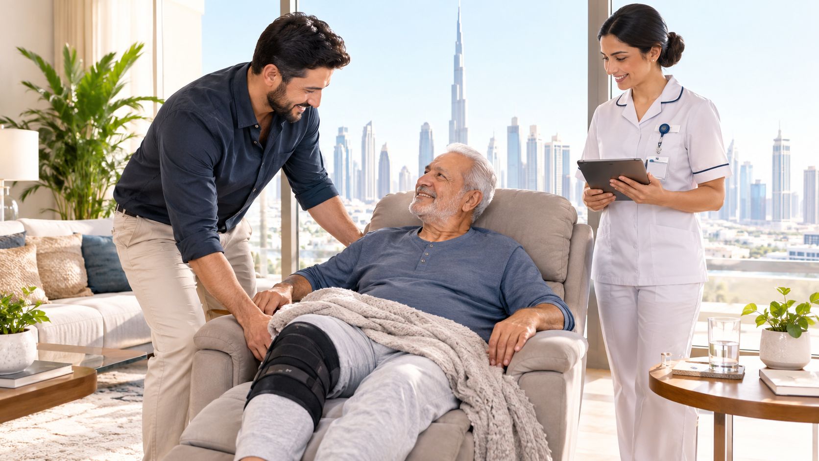 24 Hour Nursing Care at Home: A Practical Dubai Guide 5 A caregiver and a family member attend to an elderly patient in a home care setting.