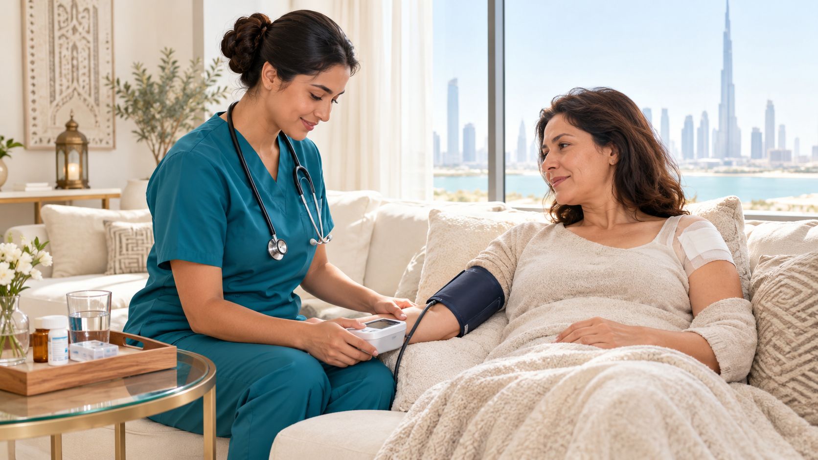 24 Hour Nursing Care at Home in Dubai: A Practical Guide 6 A professional nurse in teal scrubs checking a patient's blood pressure while visiting her at home.