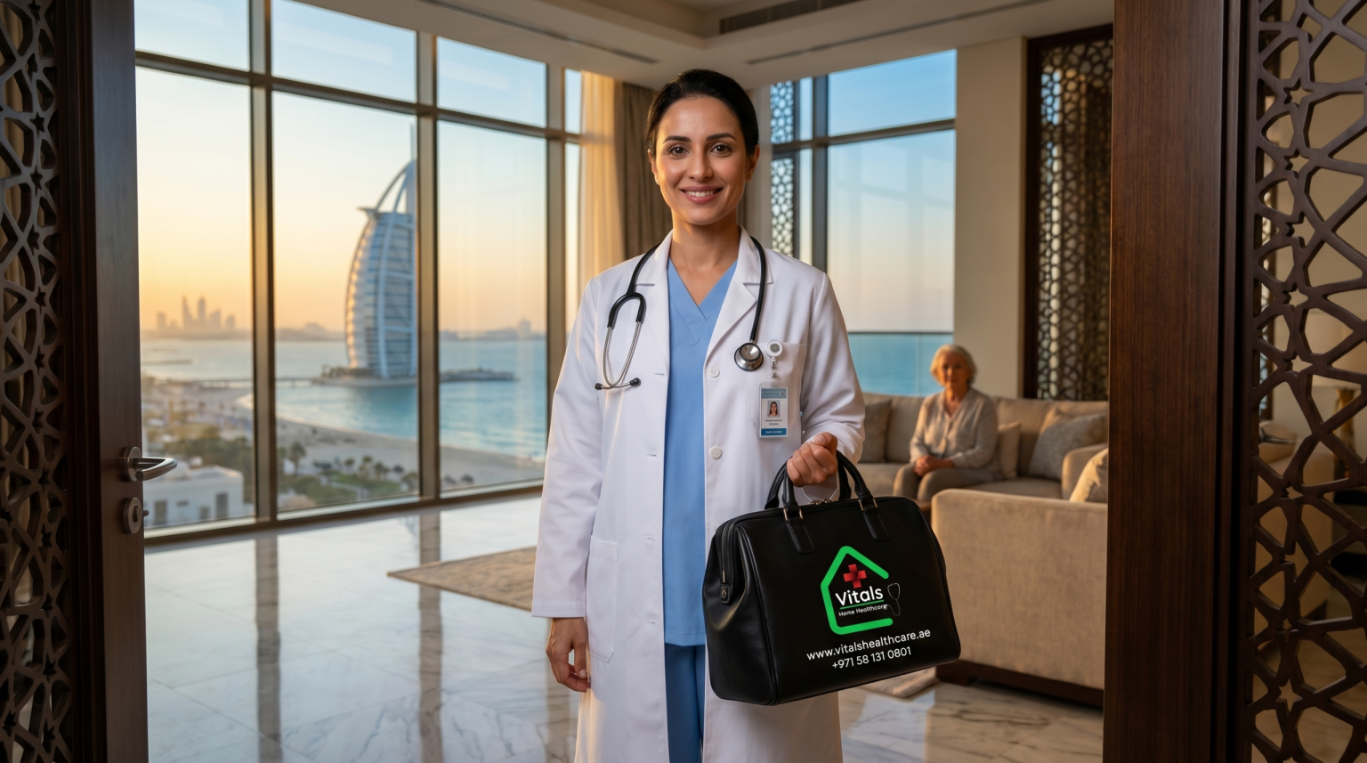 Home 5 Vitals Healthcare DHA-licensed doctor on call arriving for a home visit in Dubai
