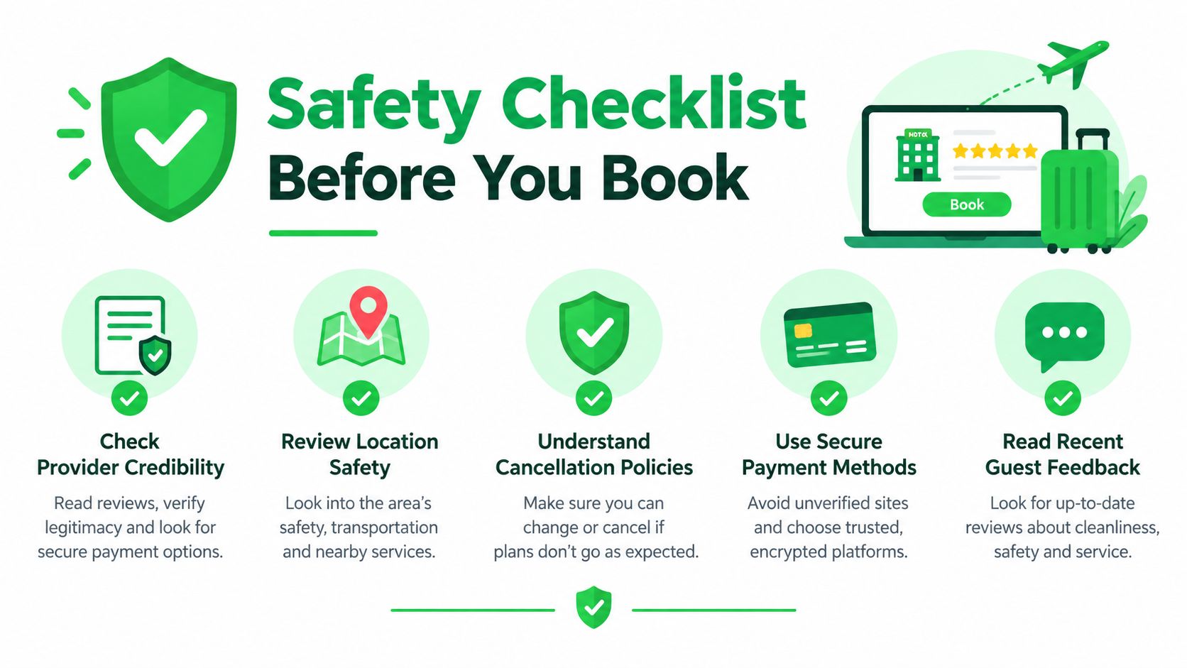 Are IV Drips Worth It: An Evidence-Based Guide for 2026 6 A green and white infographic illustrating a five-step safety checklist for booking travel and accommodation safely.