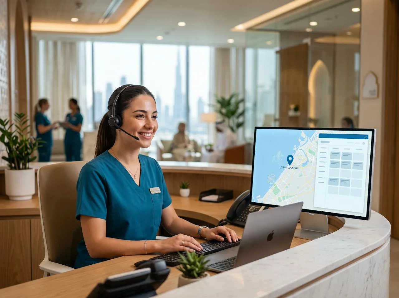 Home 13 Vitals Healthcare coordinator confirming patient details and location in Dubai
