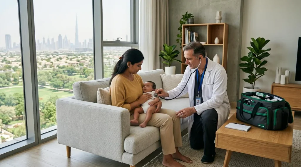 DHA licensed doctor checking a baby at home in MBR City, Dubai
