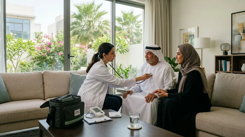 DHA licensed doctor checking an elderly patient at home in Al Furjan