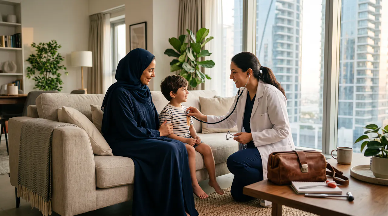 Doctor at Home Dubai 5 Doctor examining a child at home in Dubai during a doctor home visit