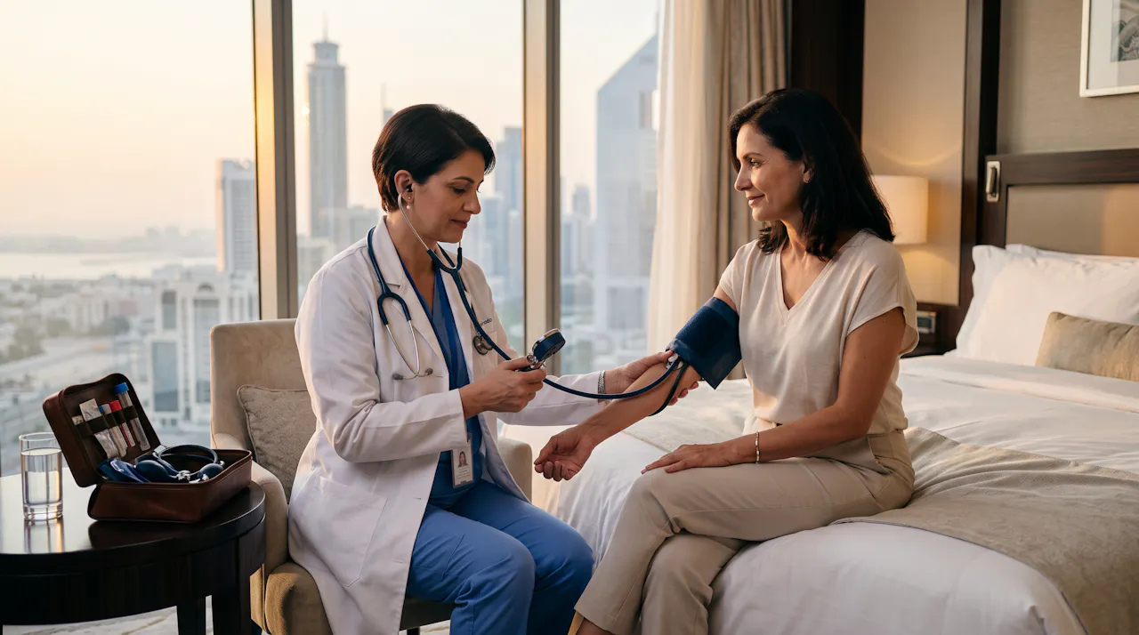 Doctor checking a hotel guest's blood pressure in a Dubai hotel room