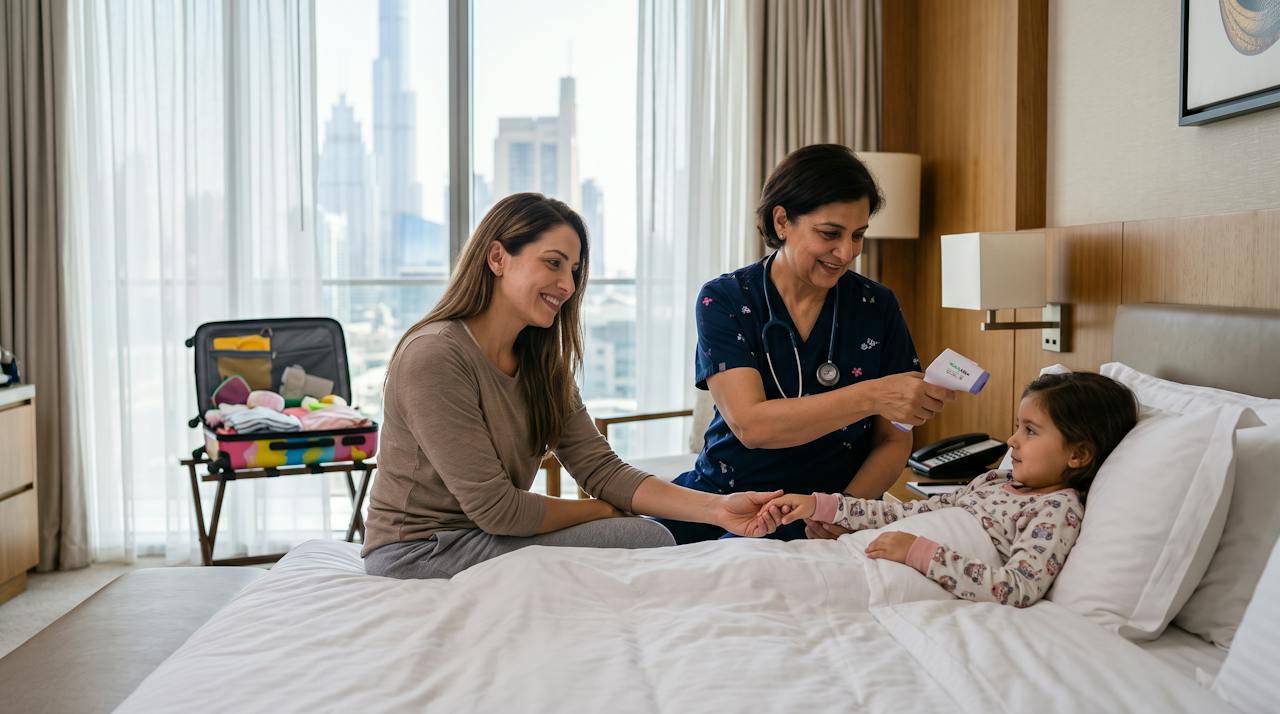 Sick on Holiday in Dubai? Why Calling a Doctor to Your Hotel Is Often the Best Option 6 Doctor checking a child’s temperature during a hotel visit in Dubai while the mother holds the child’s hand