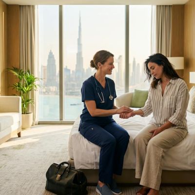 Doctor examining an unwell tourist in her Dubai hotel room