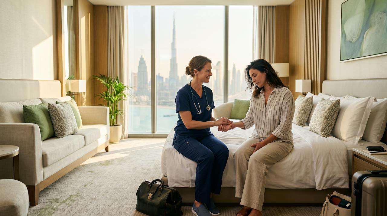 Sick on Holiday in Dubai? Why Calling a Doctor to Your Hotel Is Often the Best Option 5 Doctor examining an unwell tourist in her Dubai hotel room