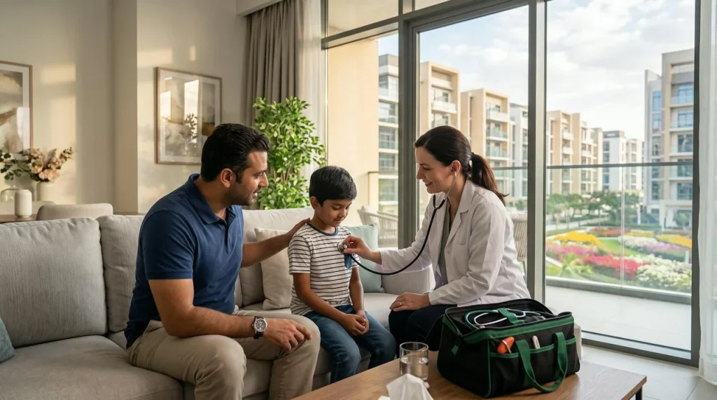 Doctor examining a child at home in Arjan, Dubai
