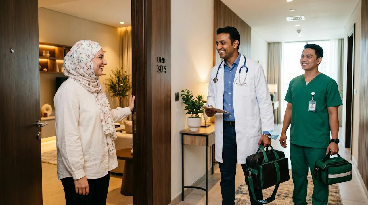 Doctor and nurse arriving for a home visit in Dubai