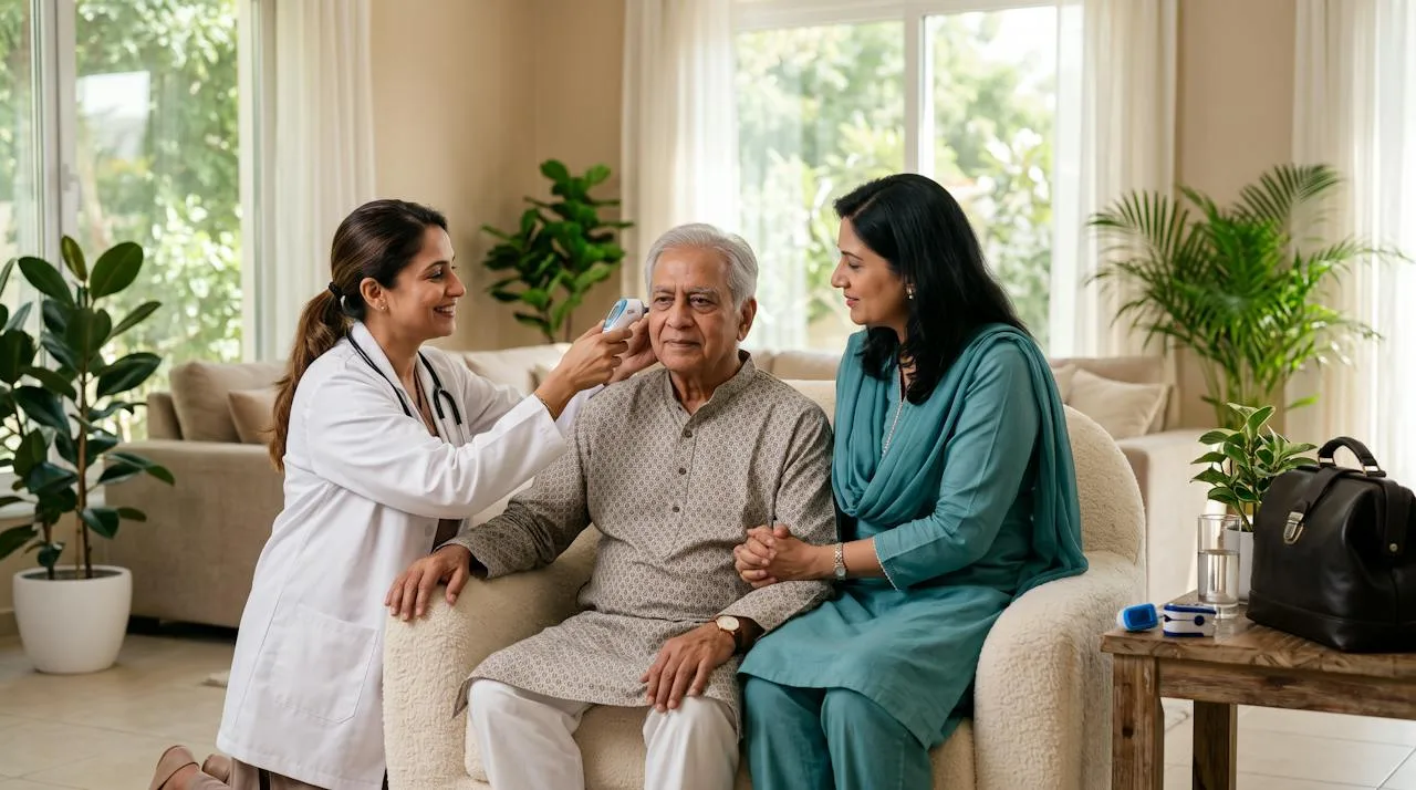 Doctor checking an elderly man’s temperature during a home visit in Dubai