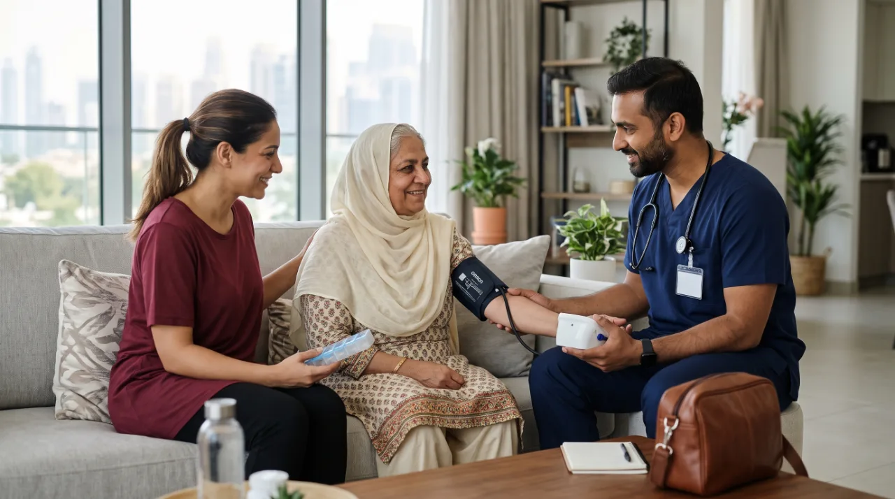 Doctor checking an elderly visiting parent’s blood pressure at home in Dubai